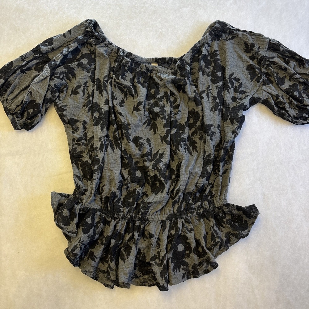 Free People Crop Top Smocked Gray Black Flowers Small S Boho Off Shoulder